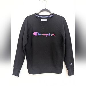 Champion Black Pink Purple Logo Pullover Crew Neck Sweater Size Medium